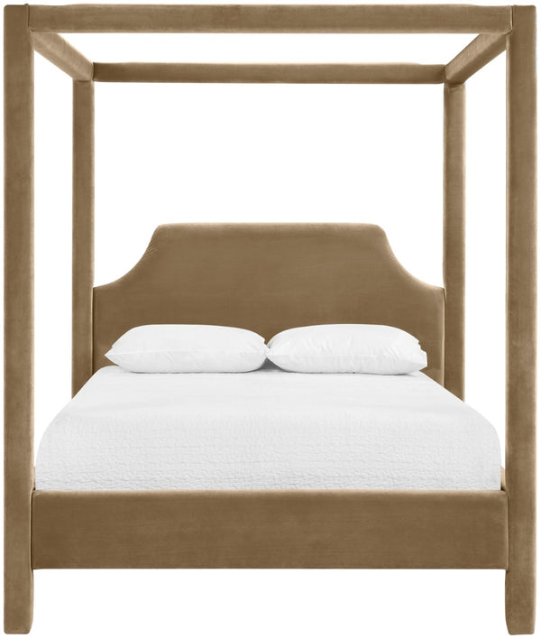 Meridian Furniture Dawson Art Deco Canopy King Bed Sculptural Velvet Upholstered Frame for Primary Bedrooms Beige DawsonBeige-K