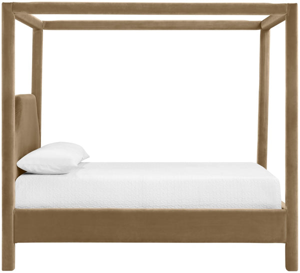 Meridian Furniture Dawson Art Deco Canopy King Bed Sculptural Velvet Upholstered Frame for Primary Bedrooms Beige DawsonBeige-K