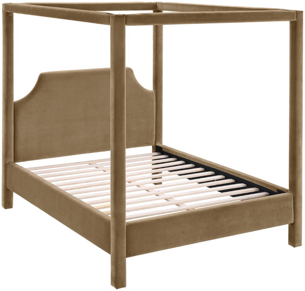 Meridian Furniture Dawson Art Deco Canopy King Bed Sculptural Velvet Upholstered Frame for Primary Bedrooms Beige DawsonBeige-K