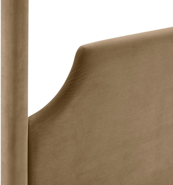Meridian Furniture Dawson Art Deco Canopy King Bed Sculptural Velvet Upholstered Frame for Primary Bedrooms Beige DawsonBeige-K