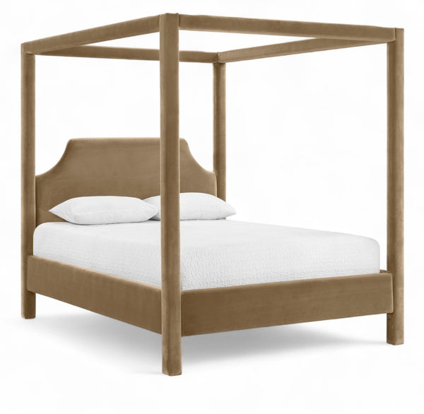 Meridian Furniture Dawson Art Deco Canopy Queen Bed Sculpted Arches and Plush Velvet Upholstery for Bedrooms Beige DawsonBeige-Q