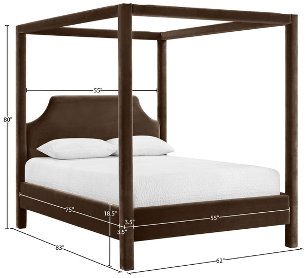 Meridian Furniture Dawson Art Deco Canopy Full Bed with Sculptural Frame and Plush Velvet Upholstered Headboard Brown DawsonBrown-F
