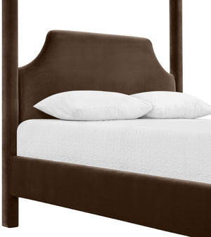 Meridian Furniture Dawson Art Deco Canopy Full Bed with Sculptural Frame and Plush Velvet Upholstered Headboard Brown DawsonBrown-F