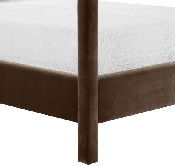 Meridian Furniture Dawson Art Deco Canopy Full Bed with Sculptural Frame and Plush Velvet Upholstered Headboard Brown DawsonBrown-F