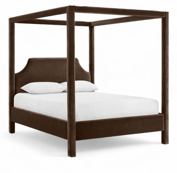 Meridian Furniture Dawson Art Deco Canopy King Bed Sculptural Velvet Upholstered Frame for Primary Bedrooms Brown DawsonBrown-K