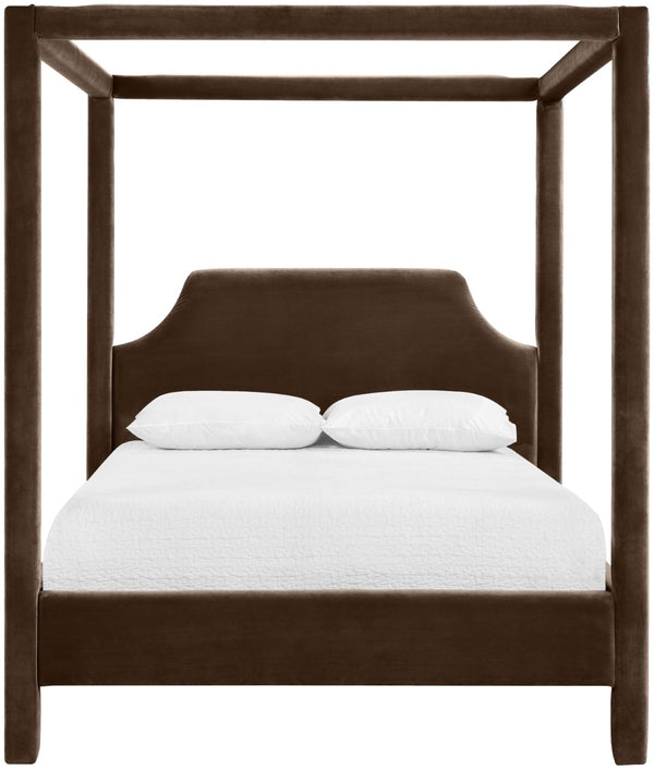 Meridian Furniture Dawson Art Deco Canopy Queen Bed Sculpted Arches and Plush Velvet Upholstery for Bedrooms Brown DawsonBrown-Q