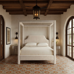 Meridian Furniture Dawson Art Deco Canopy Full Bed with Sculptural Frame and Plush Velvet Upholstered Headboard Cream DawsonCream-F