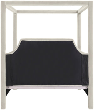 Meridian Furniture Dawson Art Deco Canopy Full Bed with Sculptural Frame and Plush Velvet Upholstered Headboard Cream DawsonCream-F