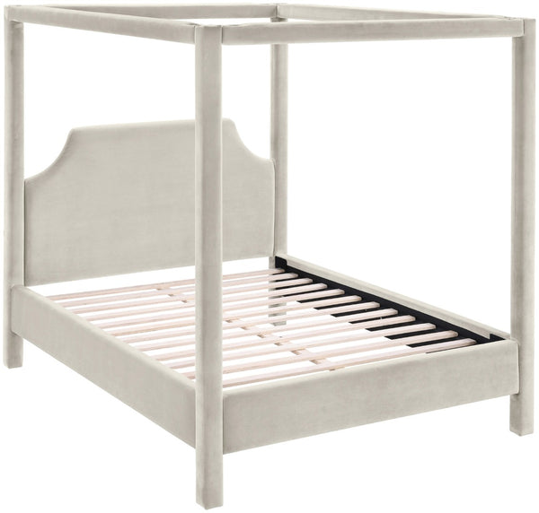 Meridian Furniture Dawson Art Deco Canopy Full Bed with Sculptural Frame and Plush Velvet Upholstered Headboard Cream DawsonCream-F