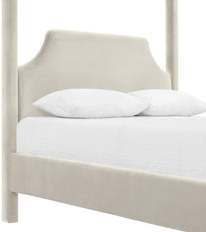Meridian Furniture Dawson Art Deco Canopy Full Bed with Sculptural Frame and Plush Velvet Upholstered Headboard Cream DawsonCream-F