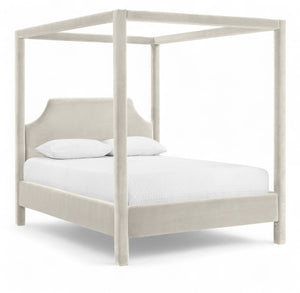 Meridian Furniture Dawson Art Deco Canopy King Bed Sculptural Velvet Upholstered Frame for Primary Bedrooms Cream DawsonCream-K