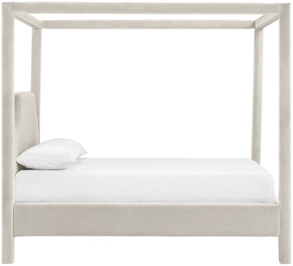 Meridian Furniture Dawson Art Deco Canopy King Bed Sculptural Velvet Upholstered Frame for Primary Bedrooms Cream DawsonCream-K