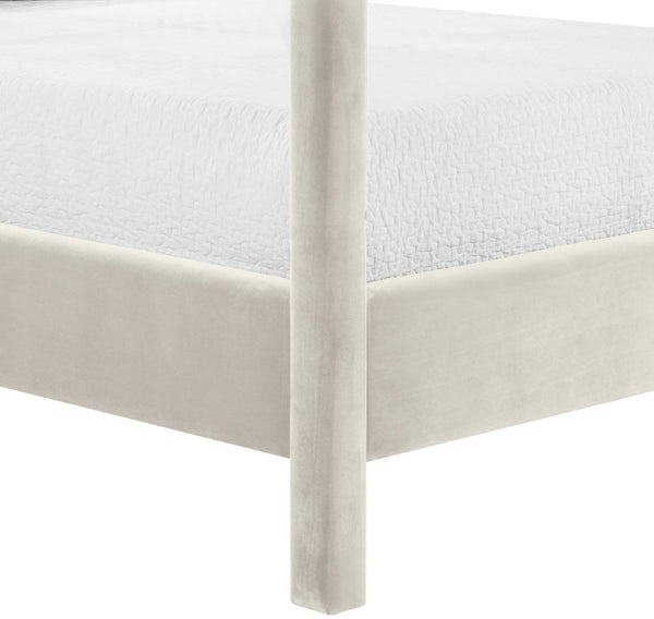 Meridian Furniture Dawson Art Deco Canopy King Bed Sculptural Velvet Upholstered Frame for Primary Bedrooms Cream DawsonCream-K