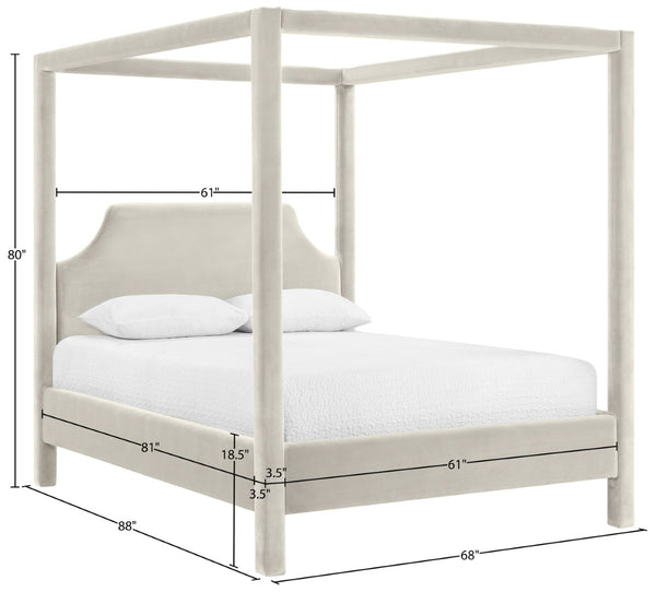 Meridian Furniture Dawson Art Deco Canopy Queen Bed Sculpted Arches and Plush Velvet Upholstery for Bedrooms Cream DawsonCream-Q