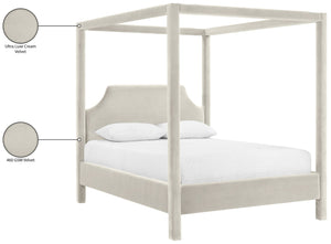Meridian Furniture Dawson Art Deco Canopy Queen Bed Sculpted Arches and Plush Velvet Upholstery for Bedrooms Cream DawsonCream-Q