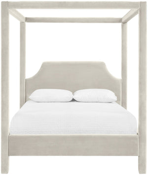 Meridian Furniture Dawson Art Deco Canopy Queen Bed Sculpted Arches and Plush Velvet Upholstery for Bedrooms Cream DawsonCream-Q