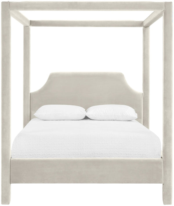 Meridian Furniture Dawson Art Deco Canopy Queen Bed Sculpted Arches and Plush Velvet Upholstery for Bedrooms Cream DawsonCream-Q