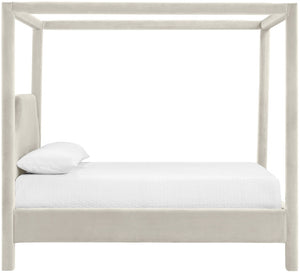 Meridian Furniture Dawson Art Deco Canopy Queen Bed Sculpted Arches and Plush Velvet Upholstery for Bedrooms Cream DawsonCream-Q