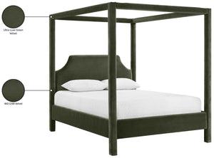 Meridian Furniture Dawson Art Deco Canopy Full Bed with Sculptural Frame and Plush Velvet Upholstered Headboard Green DawsonGreen-F
