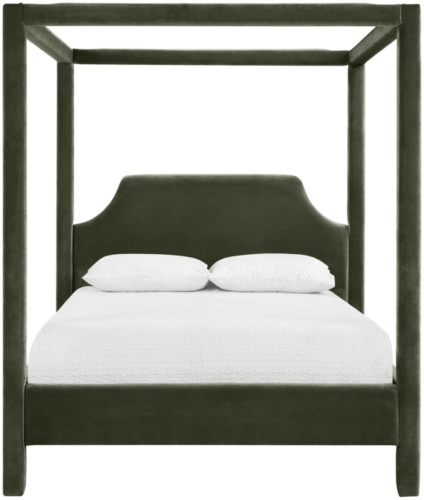 Meridian Furniture Dawson Art Deco Canopy Full Bed with Sculptural Frame and Plush Velvet Upholstered Headboard Green DawsonGreen-F