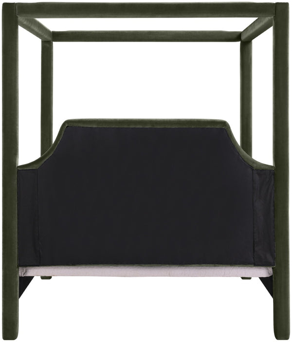 Meridian Furniture Dawson Art Deco Canopy Full Bed with Sculptural Frame and Plush Velvet Upholstered Headboard Green DawsonGreen-F