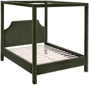 Meridian Furniture Dawson Art Deco Canopy Full Bed with Sculptural Frame and Plush Velvet Upholstered Headboard Green DawsonGreen-F