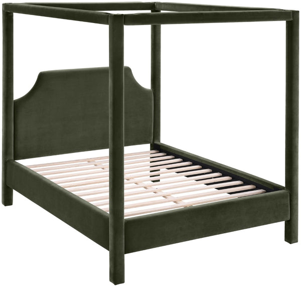 Meridian Furniture Dawson Art Deco Canopy Full Bed with Sculptural Frame and Plush Velvet Upholstered Headboard Green DawsonGreen-F