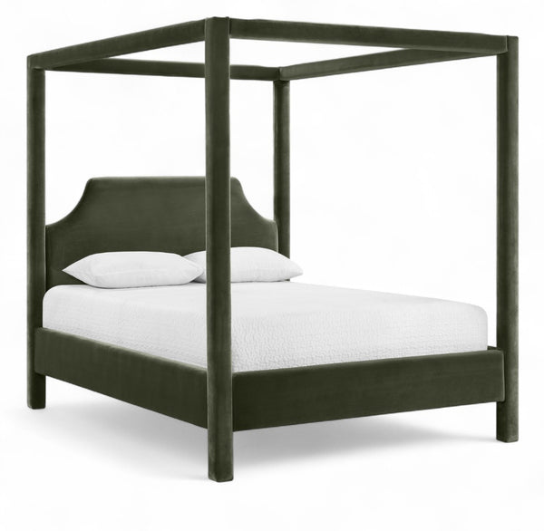 Meridian Furniture Dawson Art Deco Canopy King Bed Sculptural Velvet Upholstered Frame for Primary Bedrooms Green DawsonGreen-K