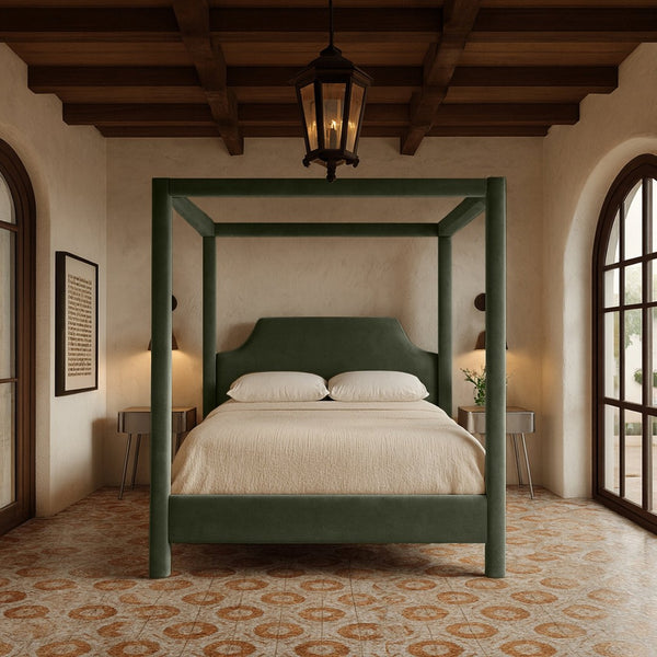 Meridian Furniture Dawson Art Deco Canopy Queen Bed Sculpted Arches and Plush Velvet Upholstery for Bedrooms Green DawsonGreen-Q