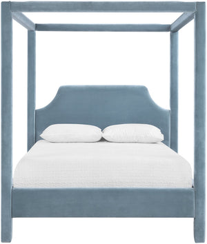 Meridian Furniture Dawson Art Deco Canopy Full Bed with Sculptural Frame and Plush Velvet Upholstered Headboard Light Blue DawsonLtBlu-F
