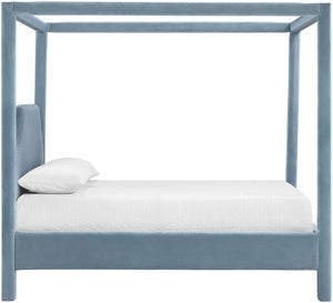 Meridian Furniture Dawson Art Deco Canopy Full Bed with Sculptural Frame and Plush Velvet Upholstered Headboard Light Blue DawsonLtBlu-F