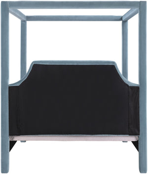 Meridian Furniture Dawson Art Deco Canopy Full Bed with Sculptural Frame and Plush Velvet Upholstered Headboard Light Blue DawsonLtBlu-F