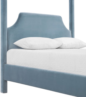 Meridian Furniture Dawson Art Deco Canopy Full Bed with Sculptural Frame and Plush Velvet Upholstered Headboard Light Blue DawsonLtBlu-F