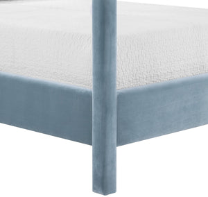 Meridian Furniture Dawson Art Deco Canopy Full Bed with Sculptural Frame and Plush Velvet Upholstered Headboard Light Blue DawsonLtBlu-F
