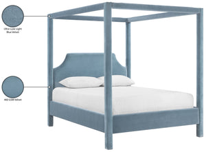 Meridian Furniture Dawson Art Deco Canopy King Bed Sculptural Velvet Upholstered Frame for Primary Bedrooms Light Blue DawsonLtBlu-K