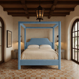 Meridian Furniture Dawson Art Deco Canopy King Bed Sculptural Velvet Upholstered Frame for Primary Bedrooms Light Blue DawsonLtBlu-K