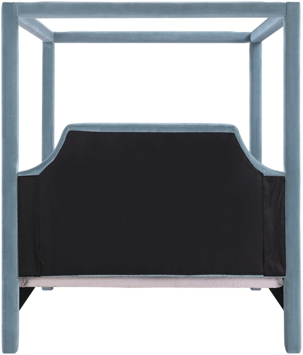Meridian Furniture Dawson Art Deco Canopy King Bed Sculptural Velvet Upholstered Frame for Primary Bedrooms Light Blue DawsonLtBlu-K