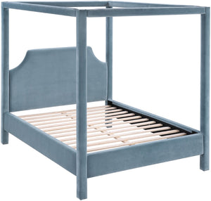 Meridian Furniture Dawson Art Deco Canopy King Bed Sculptural Velvet Upholstered Frame for Primary Bedrooms Light Blue DawsonLtBlu-K