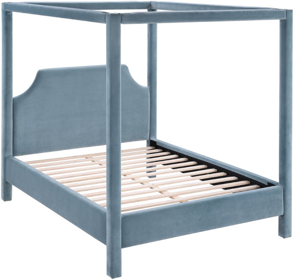Meridian Furniture Dawson Art Deco Canopy King Bed Sculptural Velvet Upholstered Frame for Primary Bedrooms Light Blue DawsonLtBlu-K
