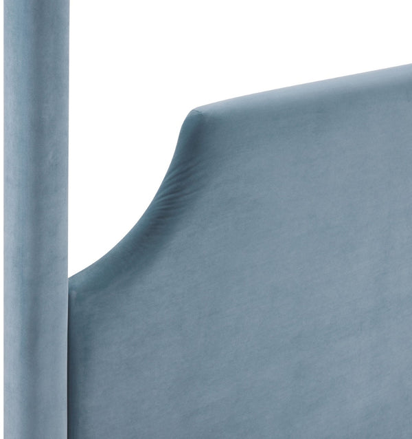 Meridian Furniture Dawson Art Deco Canopy King Bed Sculptural Velvet Upholstered Frame for Primary Bedrooms Light Blue DawsonLtBlu-K