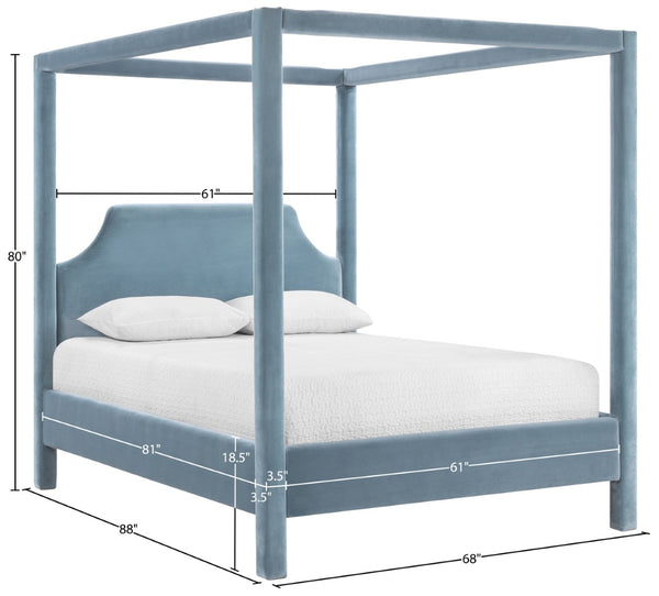 Meridian Furniture Dawson Art Deco Canopy Queen Bed Sculpted Arches and Plush Velvet Upholstery for Bedrooms Light Blue DawsonLtBlu-Q