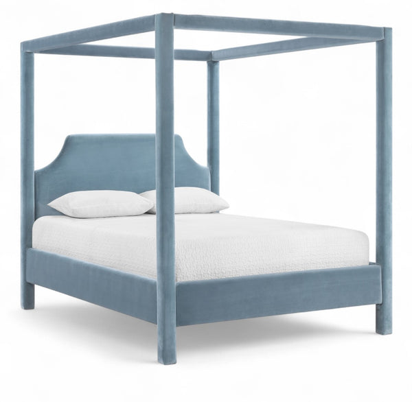 Meridian Furniture Dawson Art Deco Canopy Queen Bed Sculpted Arches and Plush Velvet Upholstery for Bedrooms Light Blue DawsonLtBlu-Q