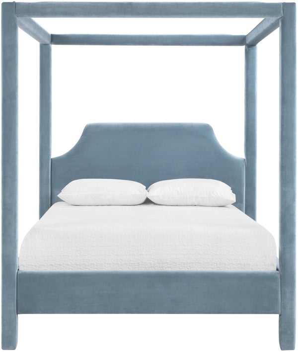 Meridian Furniture Dawson Art Deco Canopy Queen Bed Sculpted Arches and Plush Velvet Upholstery for Bedrooms Light Blue DawsonLtBlu-Q