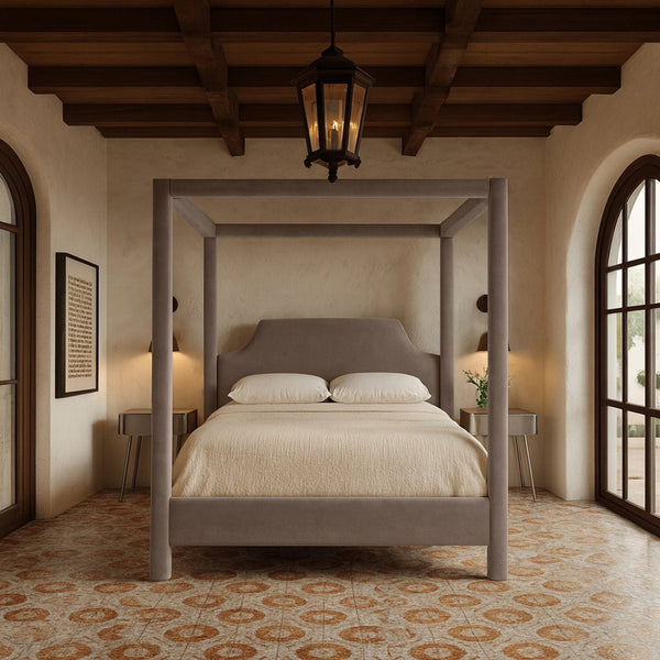 Meridian Furniture Dawson Art Deco Canopy Full Bed with Sculptural Frame and Plush Velvet Upholstered Headboard Taupe DawsonTaupe-F