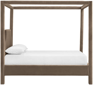Meridian Furniture Dawson Art Deco Canopy Full Bed with Sculptural Frame and Plush Velvet Upholstered Headboard Taupe DawsonTaupe-F