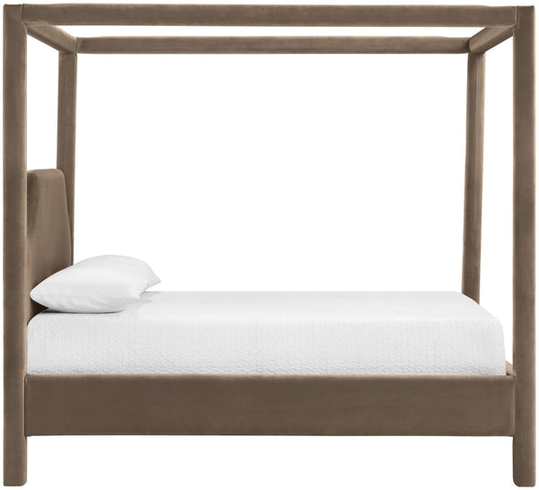 Meridian Furniture Dawson Art Deco Canopy Full Bed with Sculptural Frame and Plush Velvet Upholstered Headboard Taupe DawsonTaupe-F