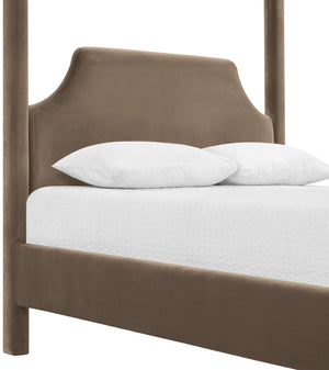 Meridian Furniture Dawson Art Deco Canopy Full Bed with Sculptural Frame and Plush Velvet Upholstered Headboard Taupe DawsonTaupe-F