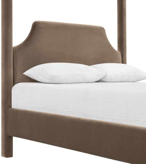 Meridian Furniture Dawson Art Deco Canopy Full Bed with Sculptural Frame and Plush Velvet Upholstered Headboard Taupe DawsonTaupe-F