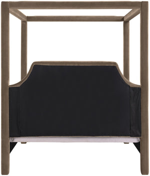 Meridian Furniture Dawson Art Deco Canopy King Bed Sculptural Velvet Upholstered Frame for Primary Bedrooms Taupe DawsonTaupe-K