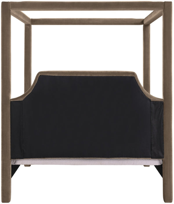 Meridian Furniture Dawson Art Deco Canopy King Bed Sculptural Velvet Upholstered Frame for Primary Bedrooms Taupe DawsonTaupe-K